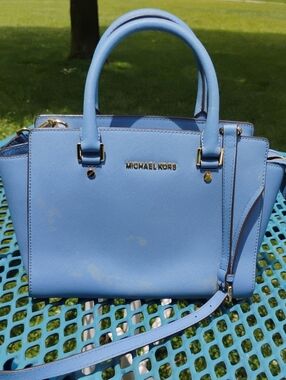Michael Kors Light Blue Saffiano Leather Satchel with Gold Hardware